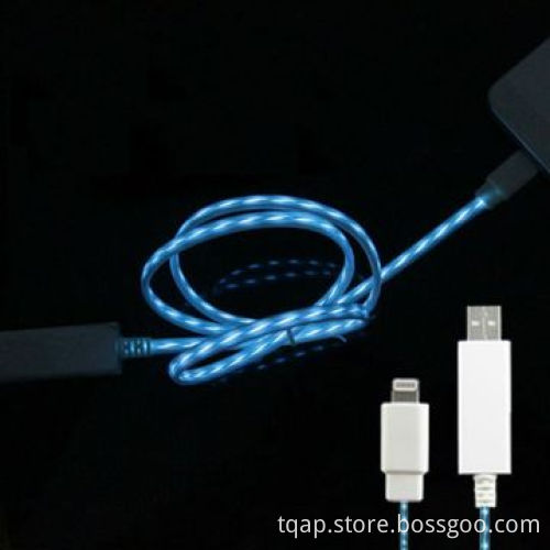 LED Charging Cable in White with Aqua Flash Fiber Light